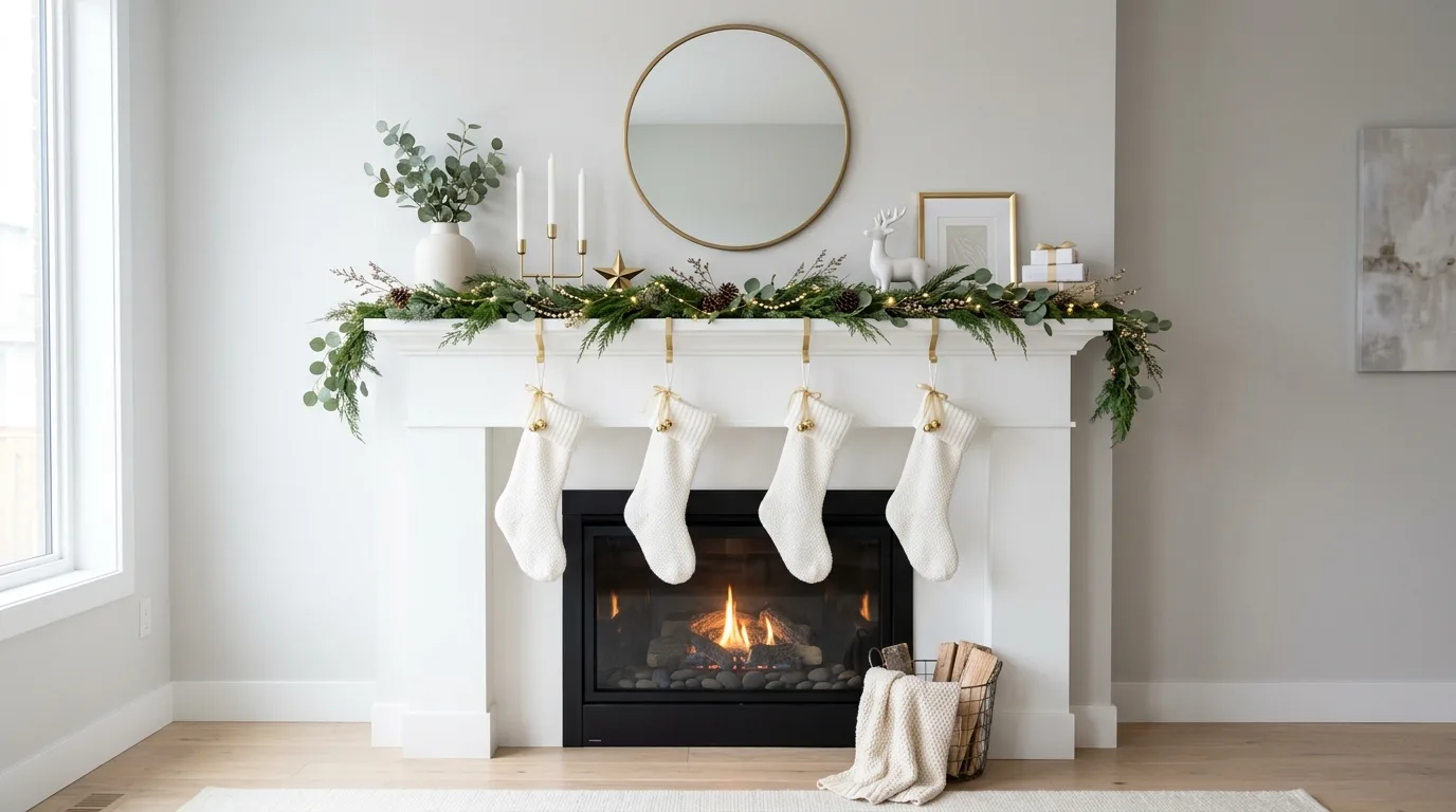 Use candles to warm the whole arrangement inspiration for a Christmas mantel.